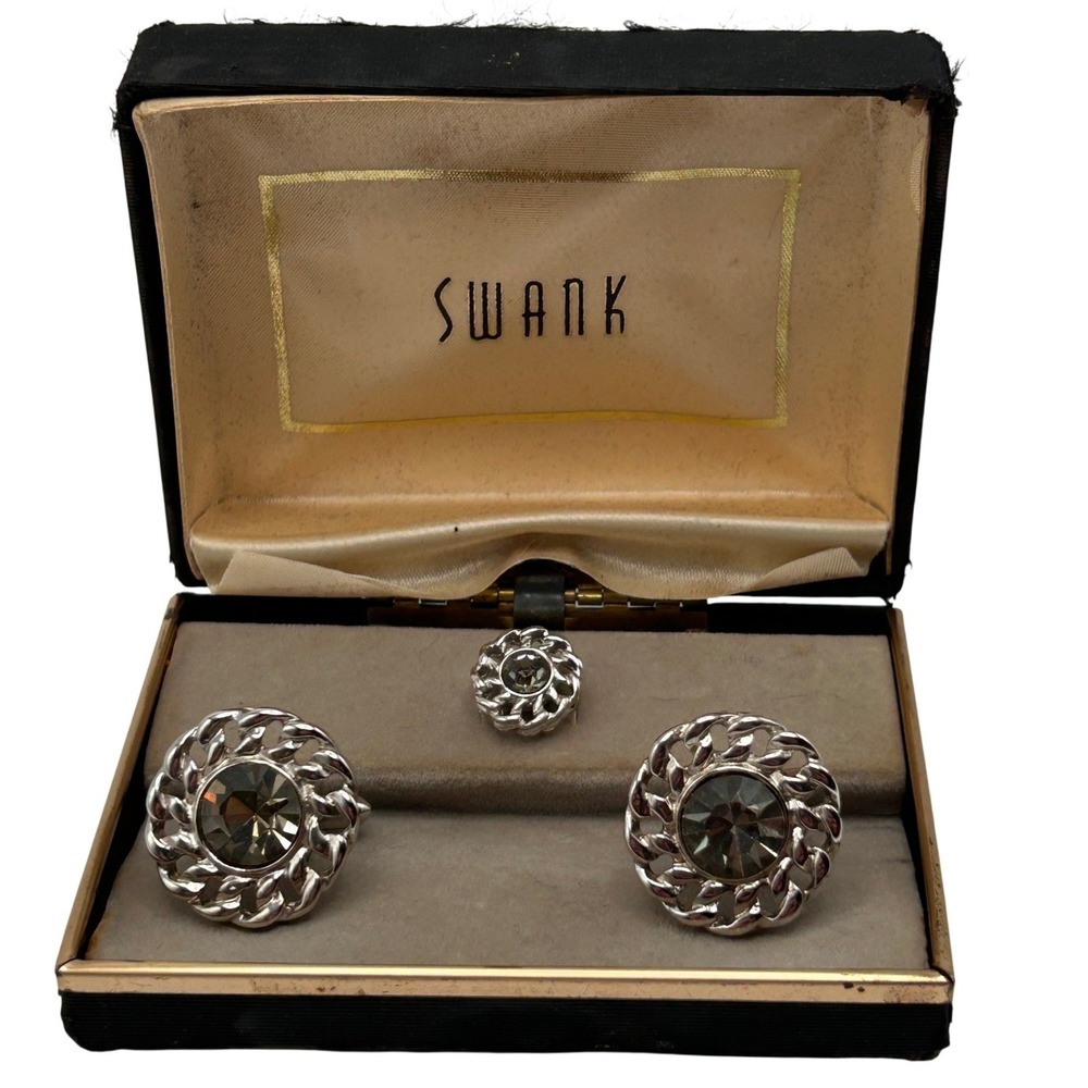 Vintage Swank Cufflinks and Tie Tack Set Silver Tone Smoke Gray Rhinestone Boxed